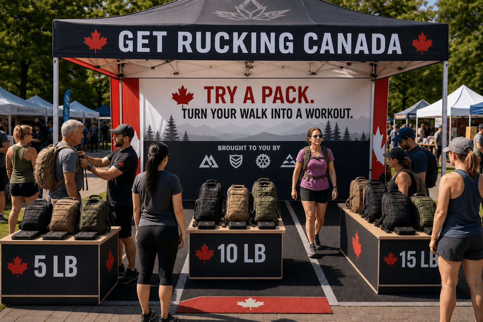 The Get Rucking Canada outdoor event where visitors try backpacks with 5, 10 and 15 pound loads